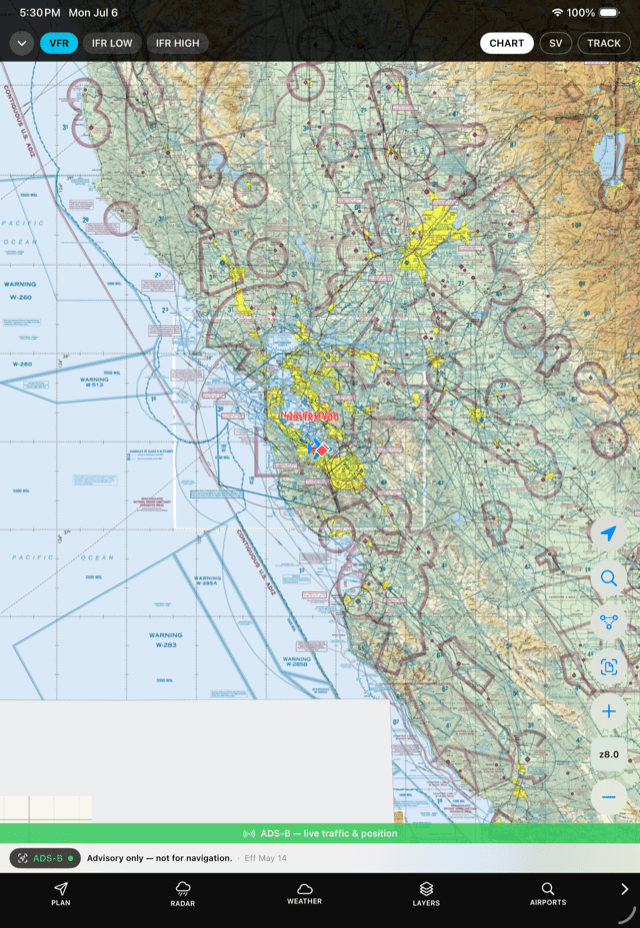 ADS-B traffic shown as relative-altitude diamonds on the sectional chart