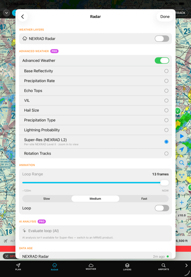 Advanced radar layer picker with Pro badges and NEXRAD super-resolution echoes on the chart
