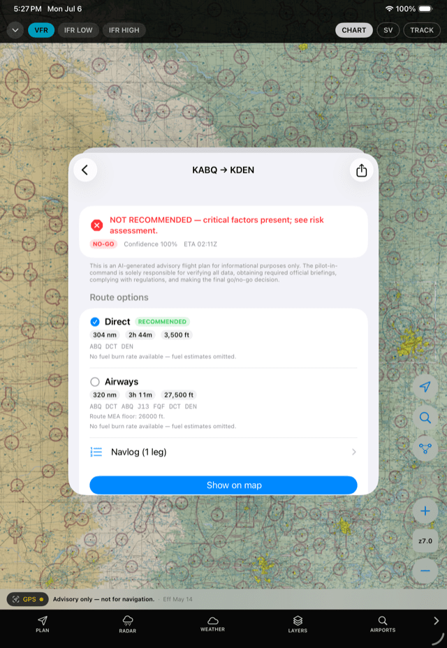 AutoRoute AI briefing showing route options and a clear no-go recommendation with the risk factors that drove it