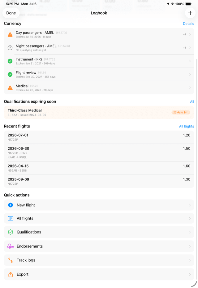 Logbook dashboard with flight time totals and currency status