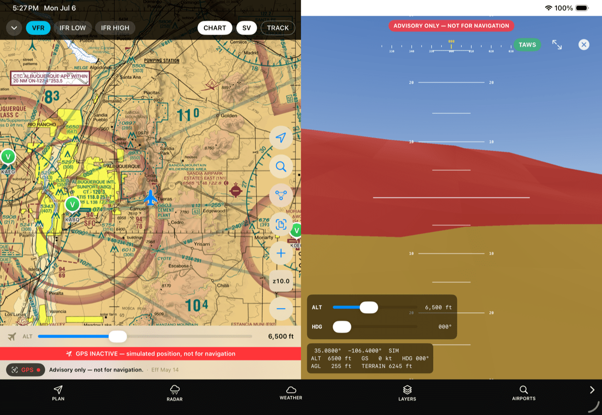 iPad landscape split view with the moving-map chart and the 3D synthetic vision terrain view showing red terrain ahead
