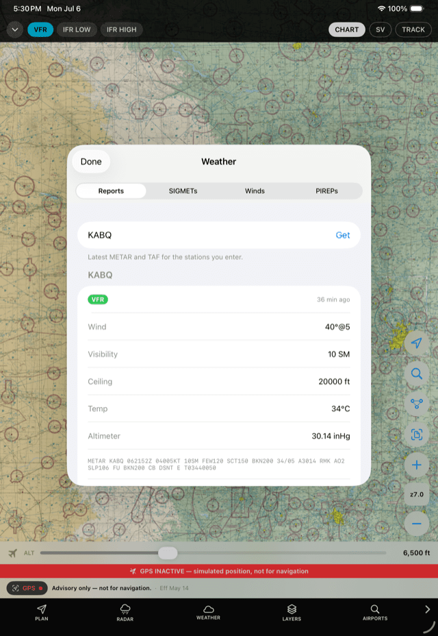 Decoded METAR and TAF text weather reports for an airport